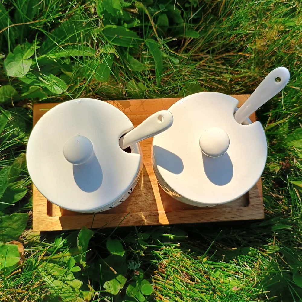 Rae Dunn Keep Hold ceramic serving pots w spoons, lids & base, farmhouse style